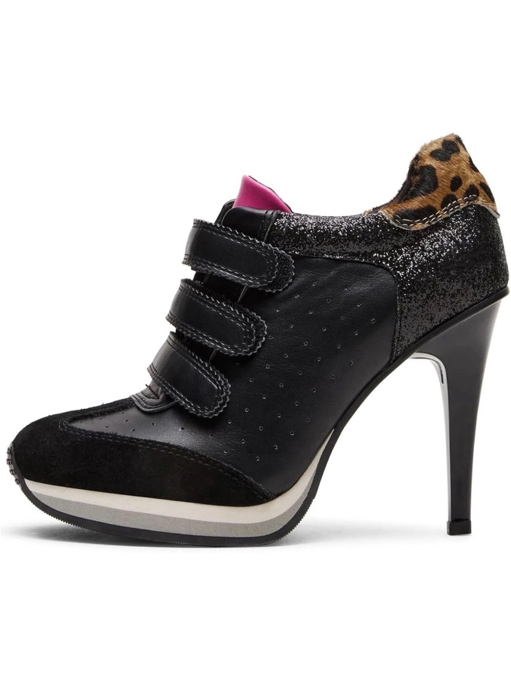 Black Glitter & Leopard Accent High-Heel Sneaker Boot